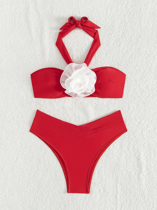 Bikini Flower Bandeau Swimsuit Red/White $11.99 Free Shipping