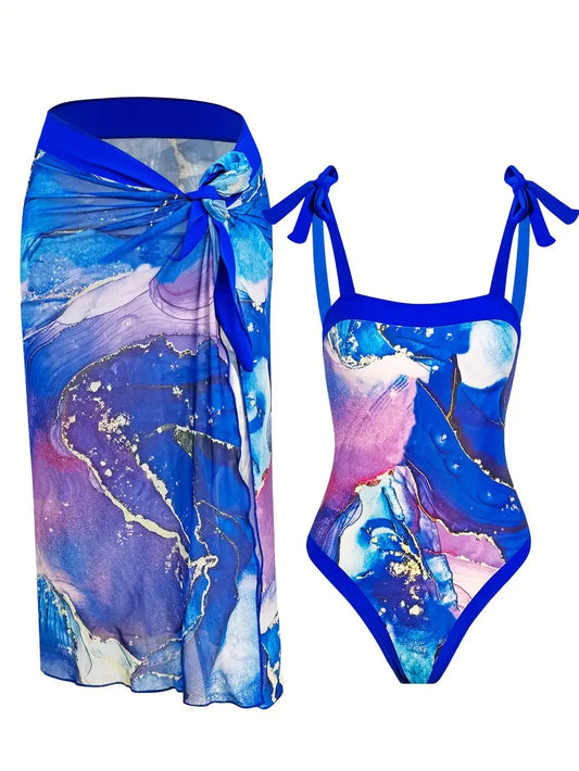 Abstract 1 PC Swimsuit W/Pareo Royal $14.99 Free Shipping