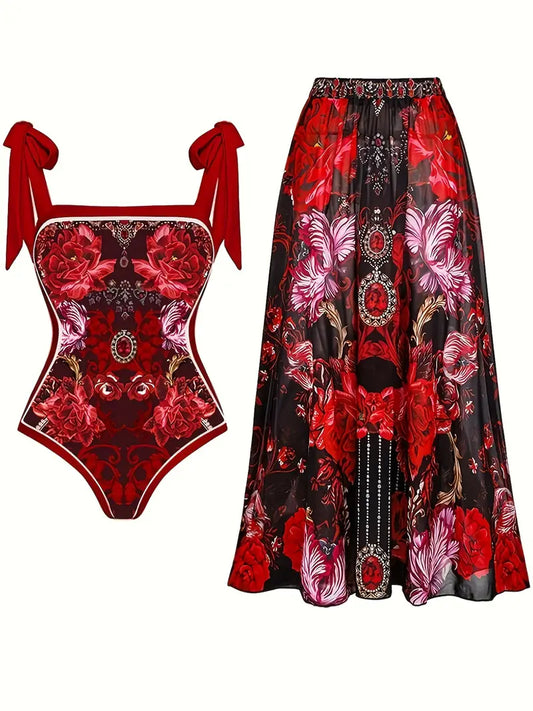 Boho 1 PC Swimsuit W/Pareo Red $14.99 Free Shipping